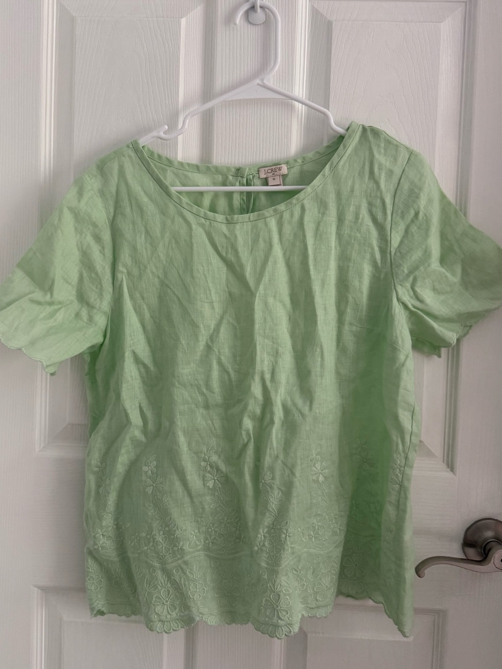 J. Crew Light Green Short-Sleeve Linen Embroidered Top
